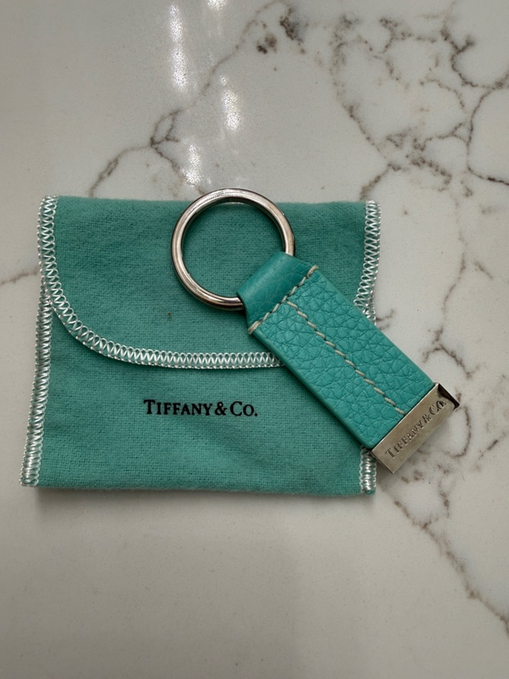 Tiffany & Co. Turquoise Leather Key Ring with Silver Hardware